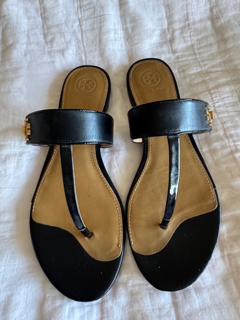 Tory Burch Black Leather Thong Sandals with Gold Logo Accent